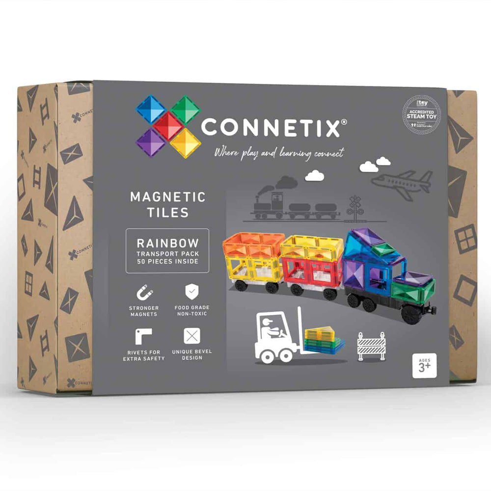 Voor autoliefhebbers is er deze rainbow transport pack 50 stuks van het merk Connetix. De transport set bevat naast de magnetische tegels ook een omkeerbaar grijze transportbasis en twee auto-onderzetsels, waarmee je kindje de coolste voertuigen kan bouwen. VanZus