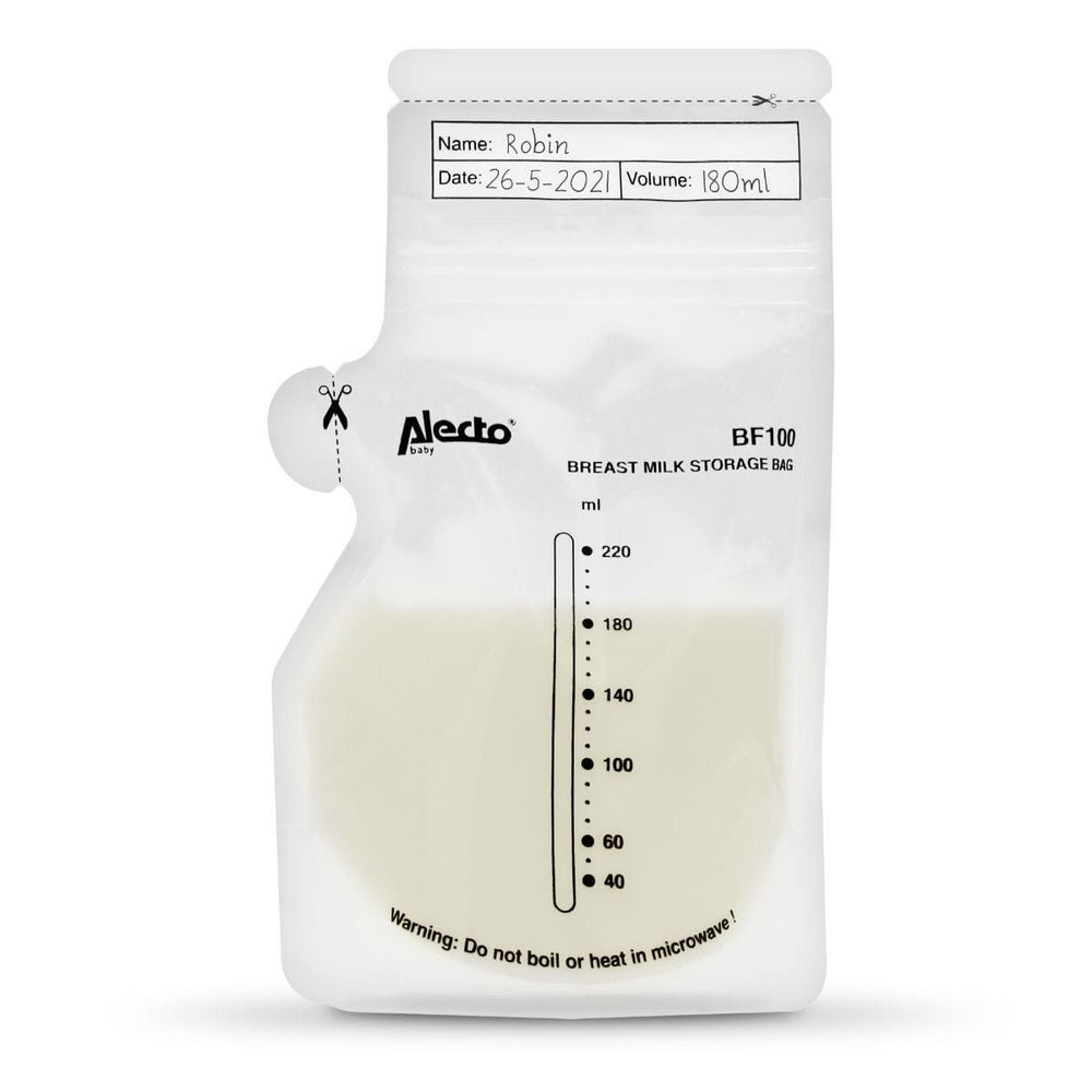 Bewaar gekolfde moedermelk met de moedermelk bewaarzakjes BF100 van Alecto. In elk zakje kan 220ml melk, ze zijn voorgesteriliseerd, hebben een schrijfvlak voor naam en datum en zijn geschikt voor in de vriezer. VanZus