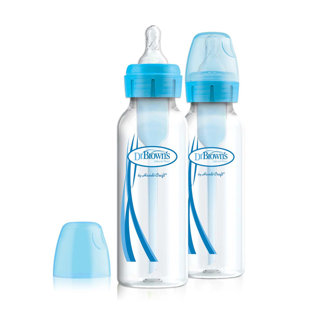 Dit is de Dr. Brown's babyfles smal 250 ml blue 2 stuks. Een set van 2 250 ml flessen met het bekende anti-koliek ventielsysteem van Dr Brown’s. De flesjes hebben een standaard hals, borstvormige speen maat 1 - blauw. VanZus.