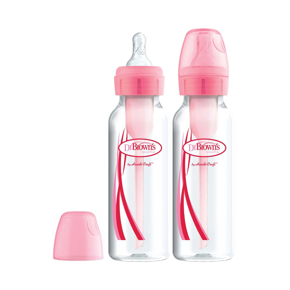 Dit is de Dr. Brown's babyfles smal 250 ml pink 2 stuks. Een set van 2 250 ml flessen met het bekende anti-koliek ventielsysteem van Dr Brown’s. De flesjes hebben een standaard hals, borstvormige speen maat 1. Roze. VanZus.