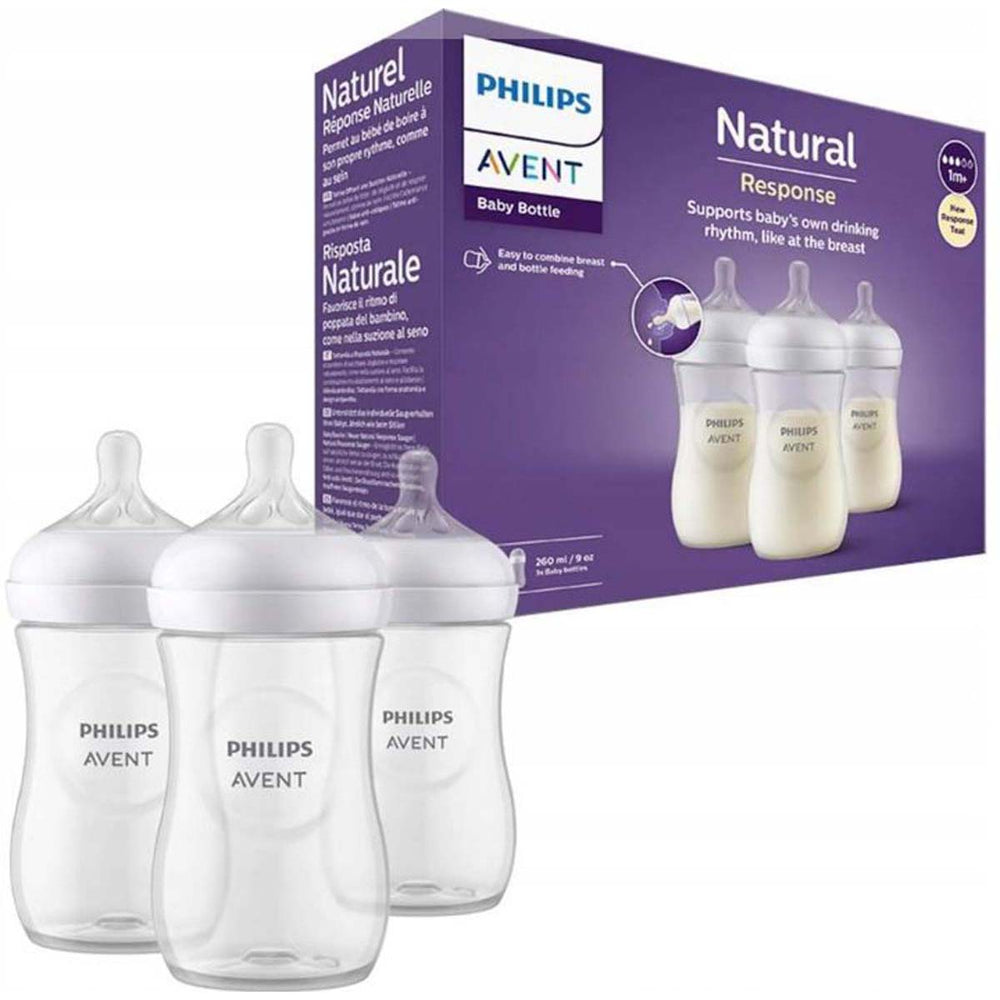 De Philips Avent babyflessen natural response 260 ml 3 stuks met natural response speen ondersteunen het natuurlijke zuigritme van je baby. Inhoud: 3x 260 ml. Vanaf 1+ maand. Speen voor 1+ maand (uitvloei 2 druppels). VanZus.