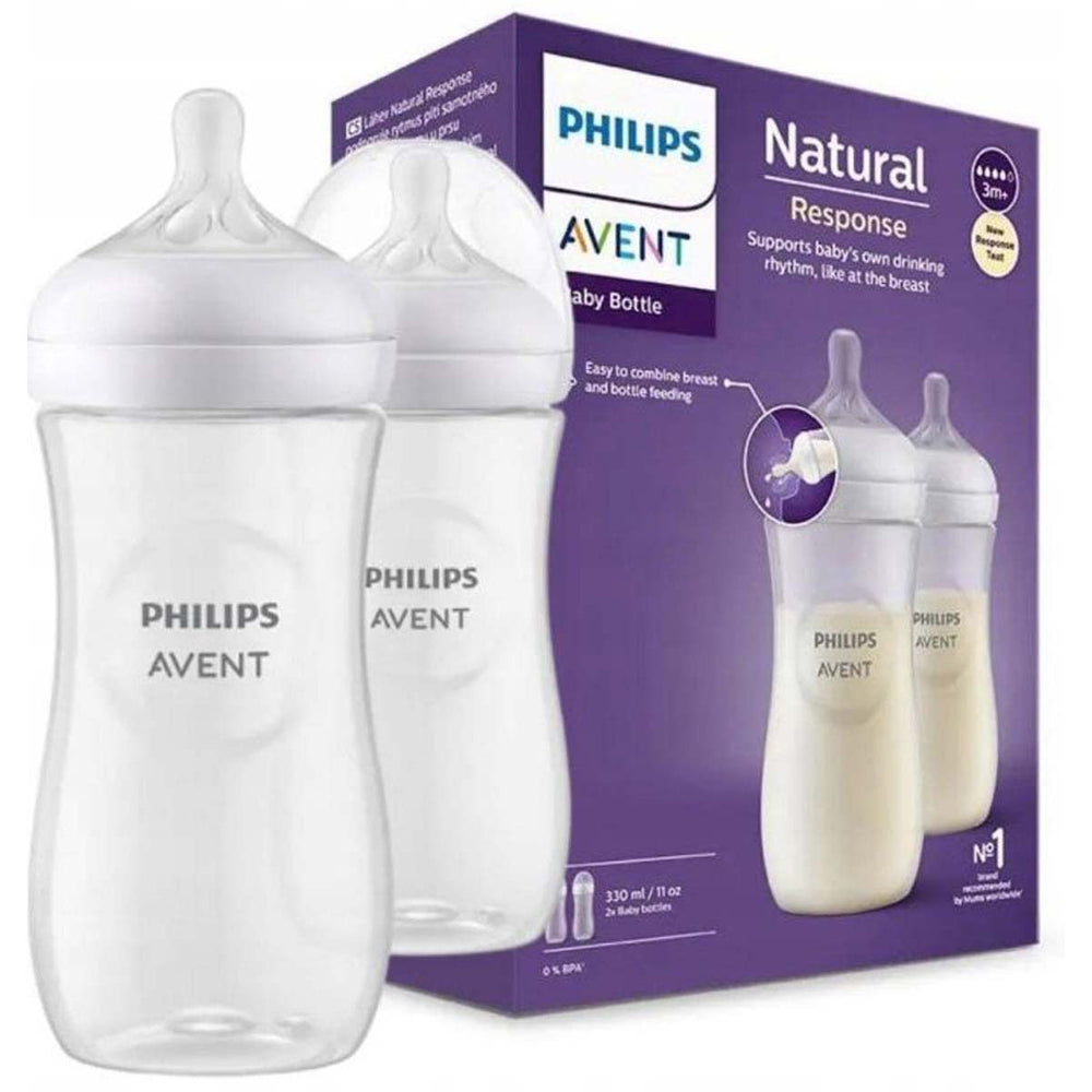 De Philips Avent babyflessen natural resonse 330 ml 2 stuks met natural response speen ondersteunen het natuurlijke zuigritme van je baby. Inhoud: 2x 330 ml. Vanaf 3+ maand. Speen voor 3+ maand (uitvloei 4 druppels). VanZus.