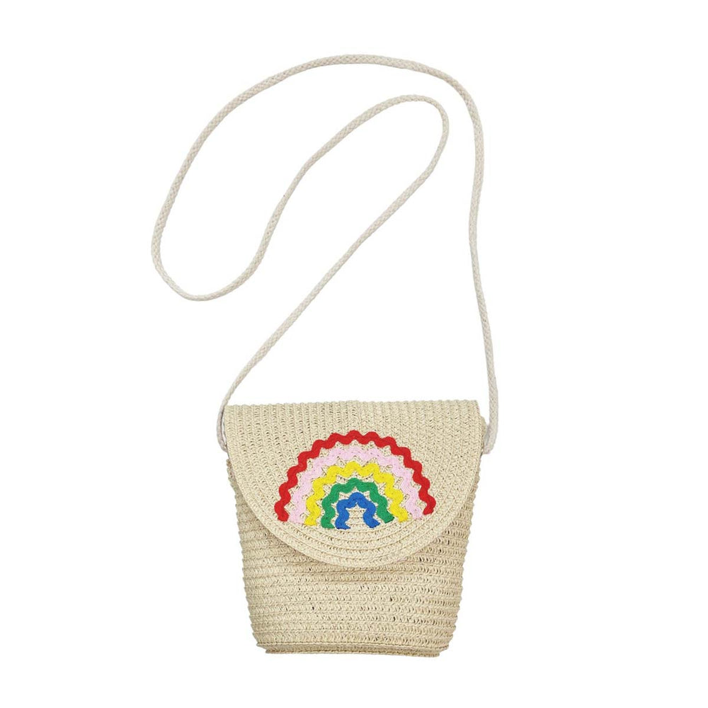 Een te gek tasje in de vorm van een mandje! Het ric rac rainbow basket tasje van het merk Rockahula. Regenboog handvaten, verstelbare gouden riem met breekpunt. Vanaf 3 jaar. VanZus