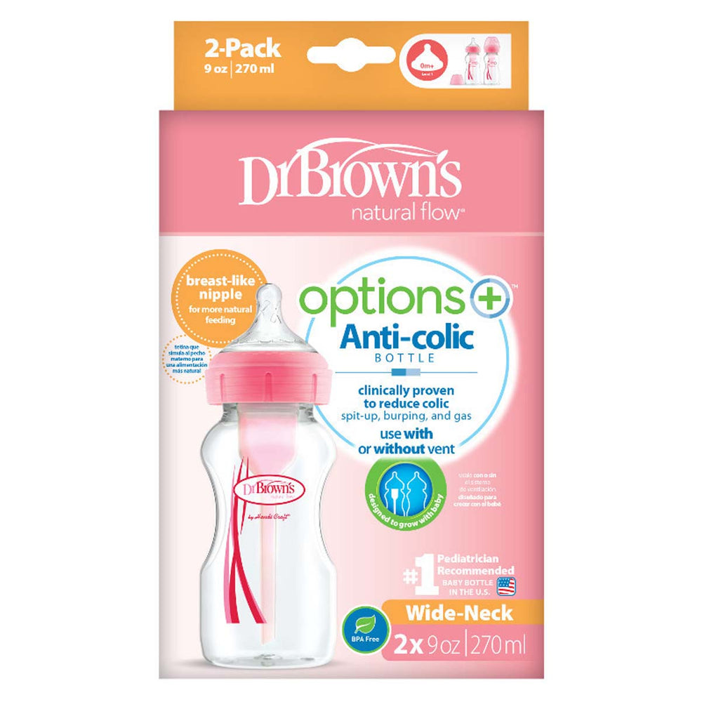 De Dr. Brown's babyfles brede nek 270 ml pink 2 stuks hebben een inhoud van 270 ml en  het bekende anti-koliek ventielsysteem van Dr Brown’s. De flesjes hebben een brede hals, borstvormige speen maat 1 en roze details. VanZus.
