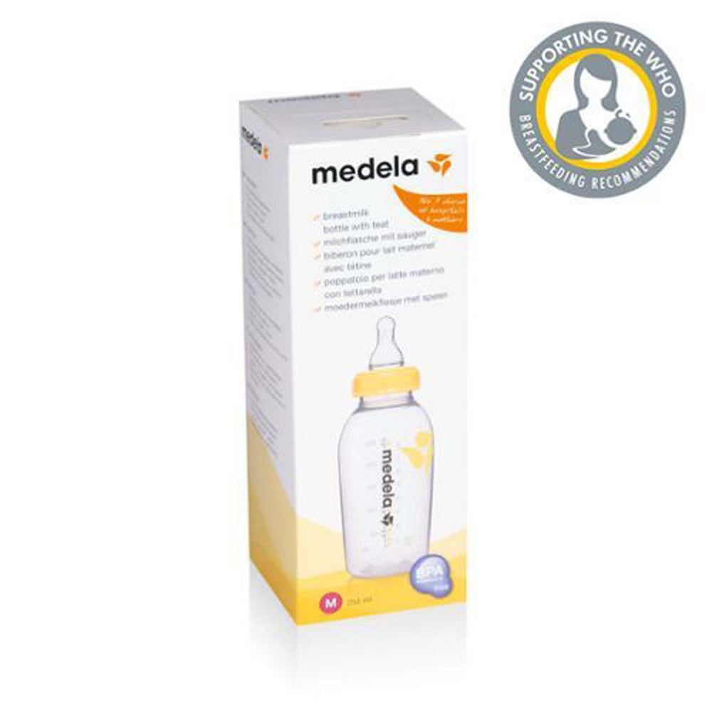 Dit is de de Medela fles 250 ml met flesspeen M. Medela staat bekend haar assortiment voor moeder en kind. Inhoud van de fles: 250 ml, met medium flow flesspeen. Geschikt voor: vaatwasser, vriezer, magnetron. BPA-vrij.