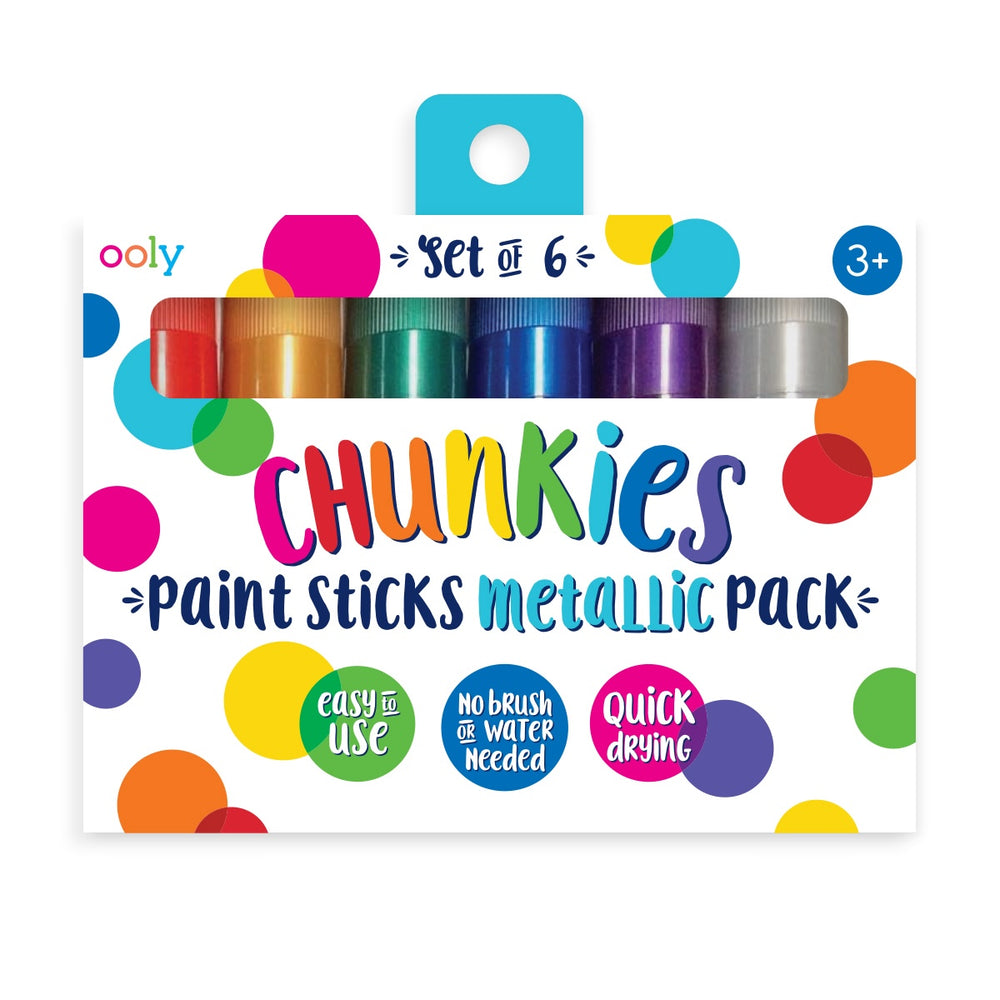 Vrolijk elke kleurplaat of tekening op met de mooie set van 6 Chunkies Paint sticks metallic van Ooly. Verven zonder troep te maken. Droogt snel. Geschikt vanaf 3 jaar. VanZus