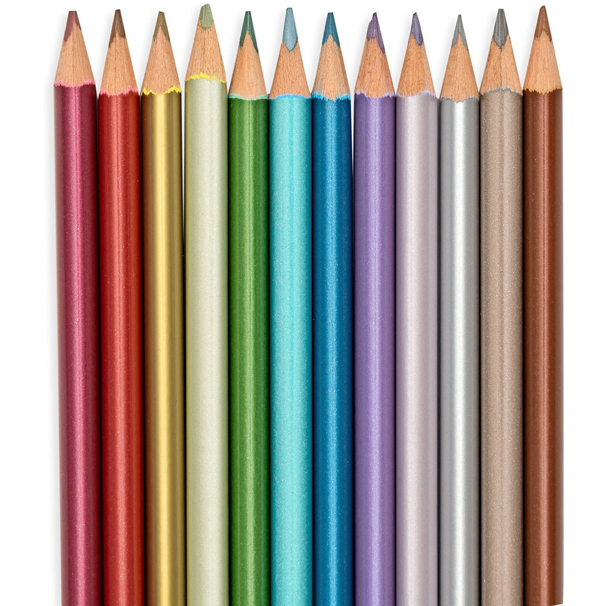 Voeg extra glans toe aan je tekening of kleurplaat met de modern metallic colored pencils van Ooly. De set bestaat uit 12 unieke metallic kleuren. De potloden hebben een ergonomische grip door de driehoeksvorm. VanZus