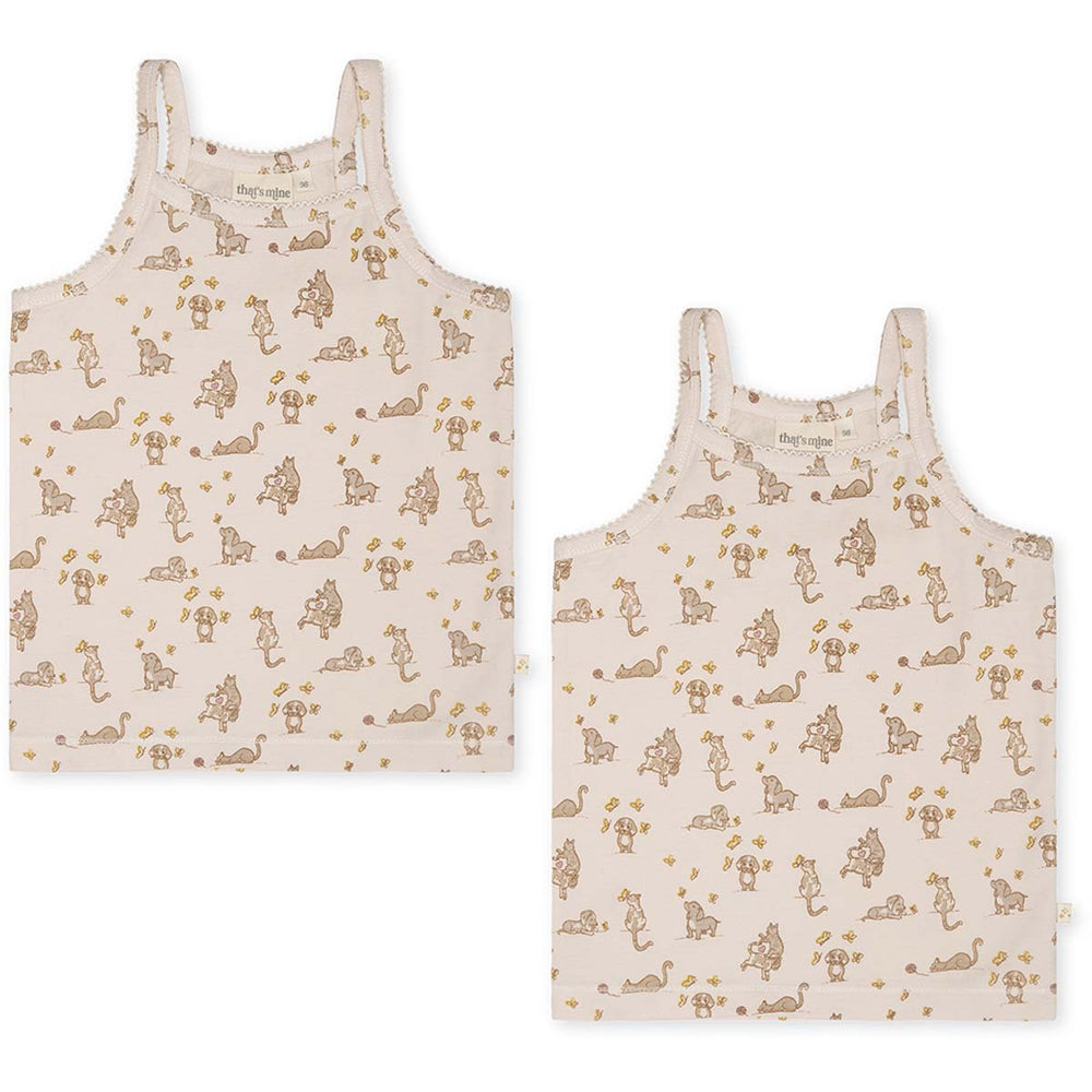 Een fijne basic: de esta hemd 2-pack friendly van het Deense merk That’s Mine. Kleur crème wit met mooie print van honden en katten. Gemaakt van katoen, modaal en elastaan. Comfortabel. VanZus