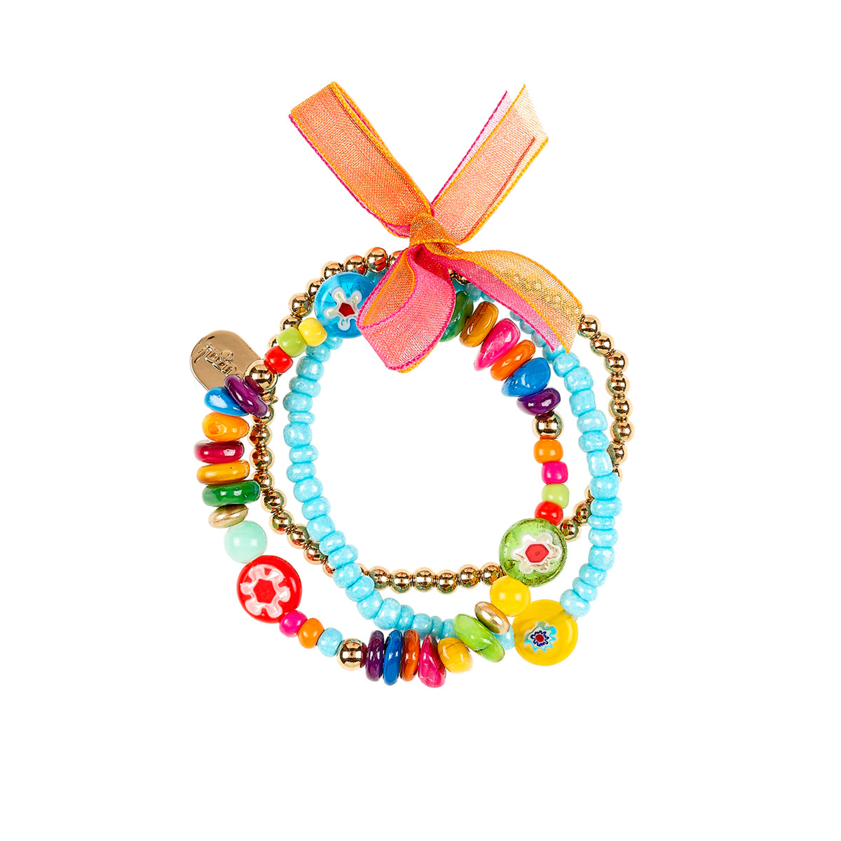 Armcandy voor jouw mini: armband Maley van Souza! Drie armbandjes in één in verschillende vrolijke kleuren, diverse kralen en een goudkleurige bedel. Elastisch en ca. 15 cm omtrek. VanZus