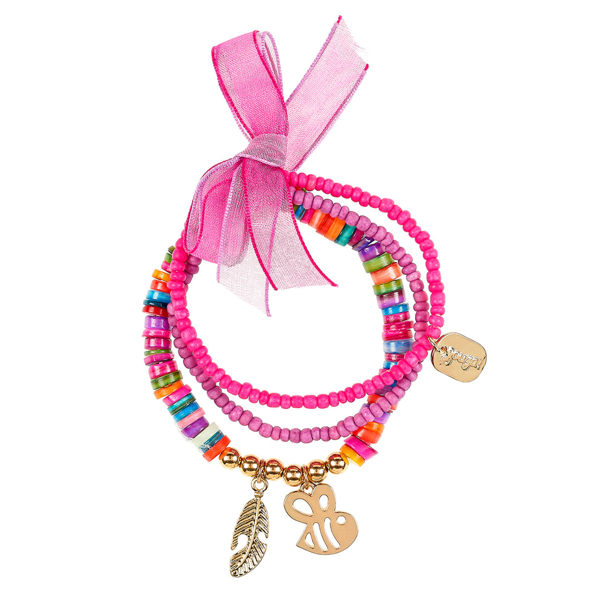 Armcandy voor jouw mini: armband Sula van Souza! Drie armbandjes in één in verschillende vrolijke kleuren, diverse kralen en goudkleurige bedels. Elastisch en ca. 15 cm omtrek. VanZus