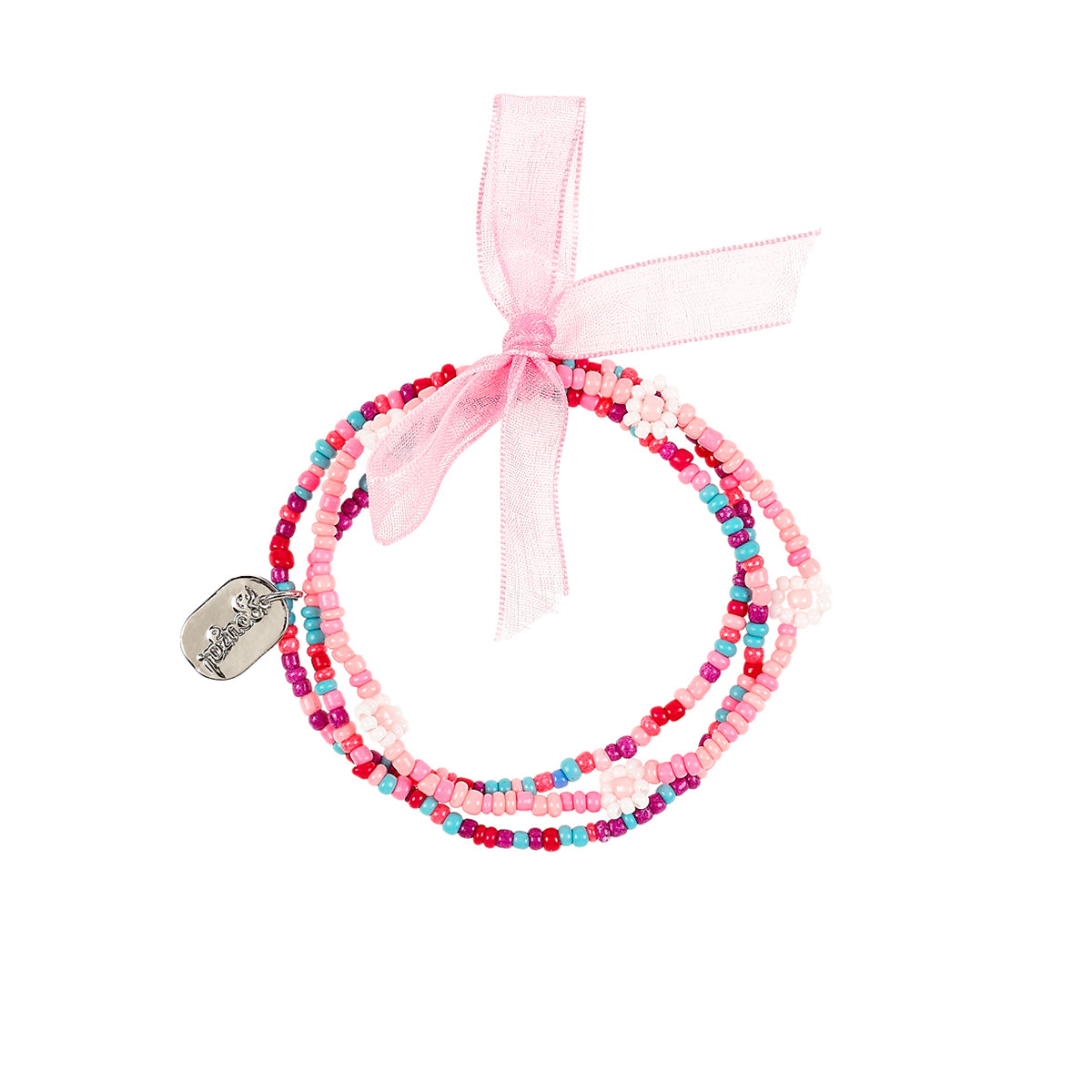 Armcandy voor jouw mini: armbandje Djessy van Souza! Drie armbandjes in één in de kleuren roze, rood, wit en blauw met lieve versieringen en bedel. Elastisch en ca. 15 cm omtrek. VanZus