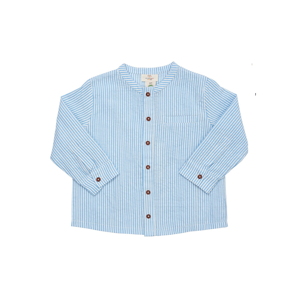 Hip, luxe en comfortabel: de seersucker blouse sky blue/cream stripe van Copenhagen Colors. Het overhemd is blauw met witte strepen en handige knoopjes. Maten 80 t/m 128. VanZus