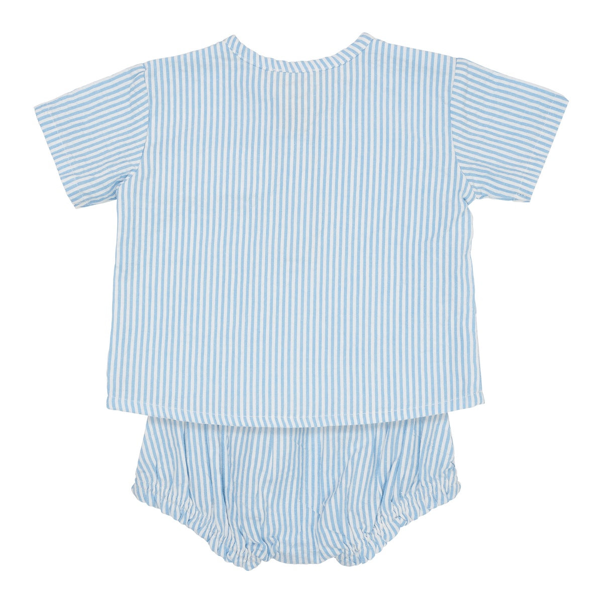 Het Copenhagen Colors seersucker baby setje in de kleur blue cream stripe is een super schattig zomers pakje voor baby’s. De set bestaat uit een topje en een bloomertje. VanZus.