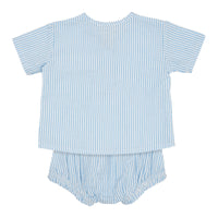 Het Copenhagen Colors seersucker baby setje in de kleur blue cream stripe is een super schattig zomers pakje voor baby’s. De set bestaat uit een topje en een bloomertje. VanZus.