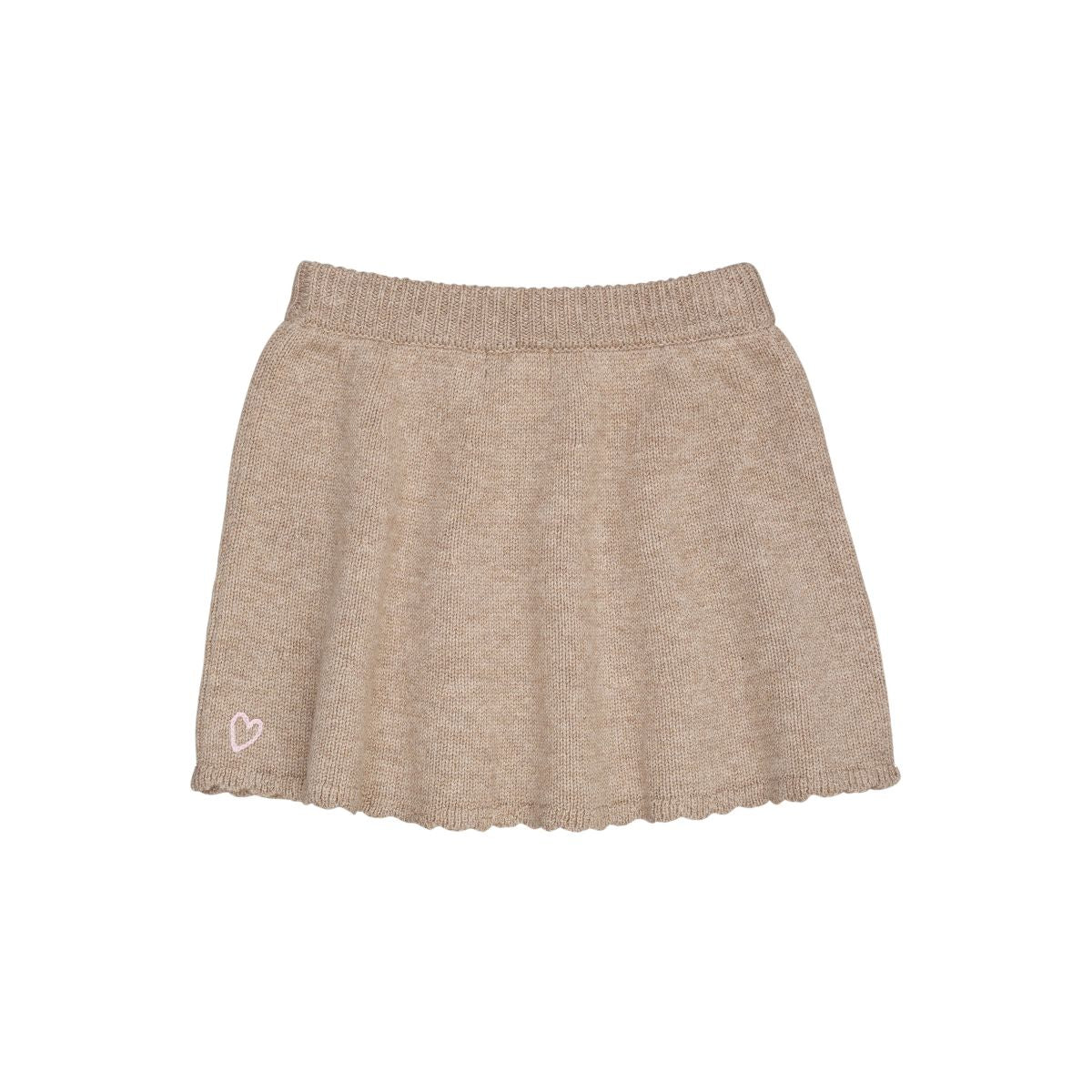 Het Copenhagen Colors cashmere rokje sand melange is een zacht en warm rokje voor de winter. De beige basiskleur wordt speels aangevuld met roze details: ‘love’ op de voorkant, een hartje achterop. VanZus