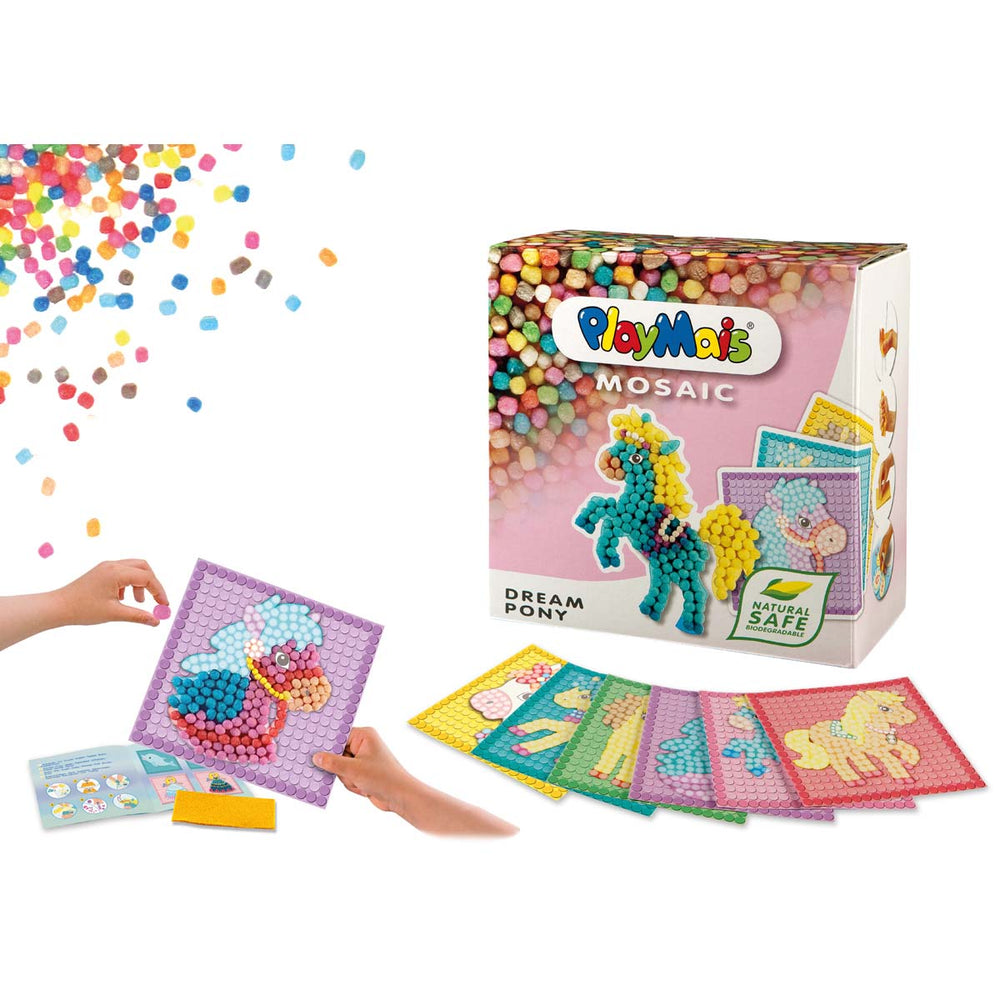 Lekker knutselen met de mosaic dream pony set van PlayMais. Inhoud: 6 gedrukte kaarten, 2300 PlayMais mosaic, een spons en een handige gebruiksaanwijzing. Natuurlijk, veilig en 100% biologisch afbreekbaar. VanZus