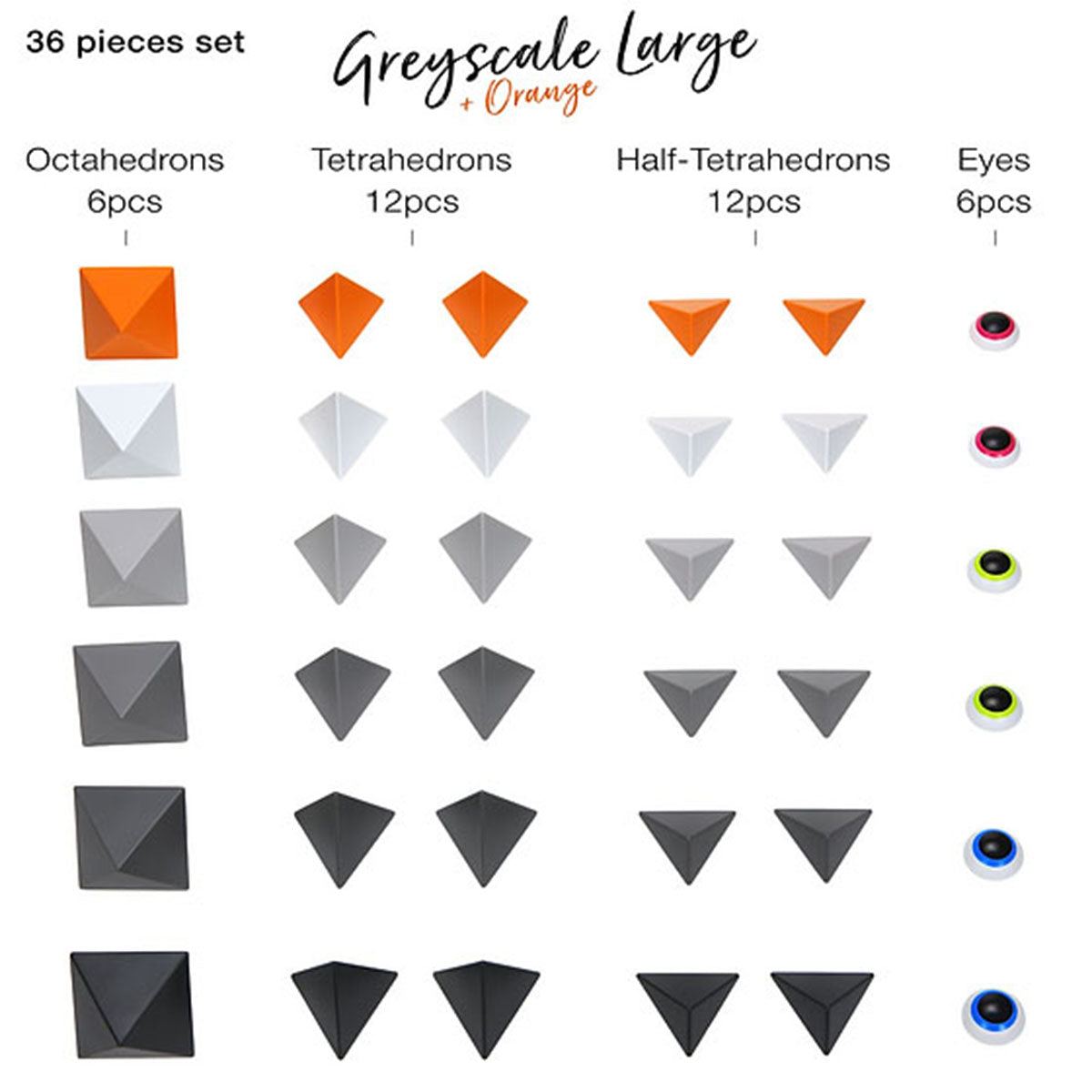 Laat je verrassen door de Trido Greyscale Orange Large magnetische blokken, die op talloze manieren samenklikken. Met deze set magneetspeelgoed van 36 magnetische bouwstenen zijn de mogelijkheden eindeloos. VanZus.