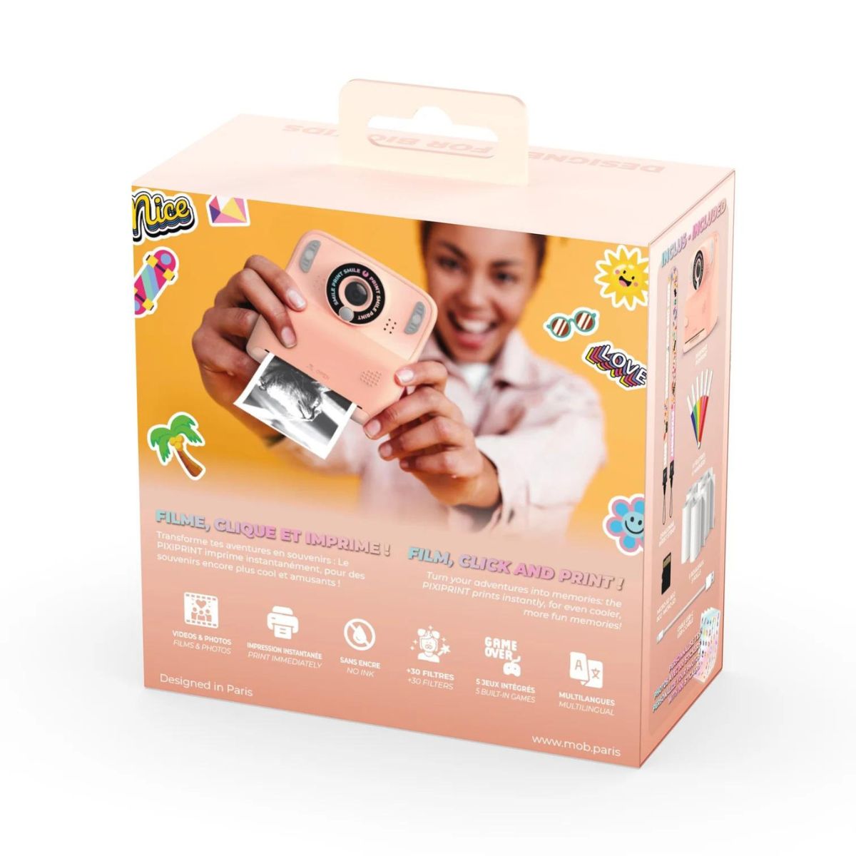 Leg herinneringen vast en druk ze direct af met de MOB pixiprint click & print camera in pink. Een compacte camera met ingebouwde printer en touchscreen. Ideaal voor feesten en vakanties. Een tof cadeau. VanZus