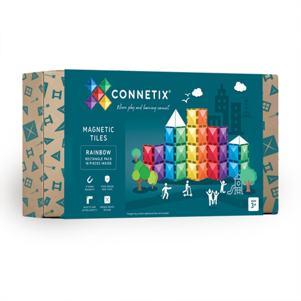 Vergroot het speelplezier van je kleintje met deze mooie glinsterende Connetix rainbow rectangle pack 18 stuks! Met deze bouwset kan je kindje de mooiste bouwwerken maken. De tegels hebben allemaal een vrolijke kleur. VanZus