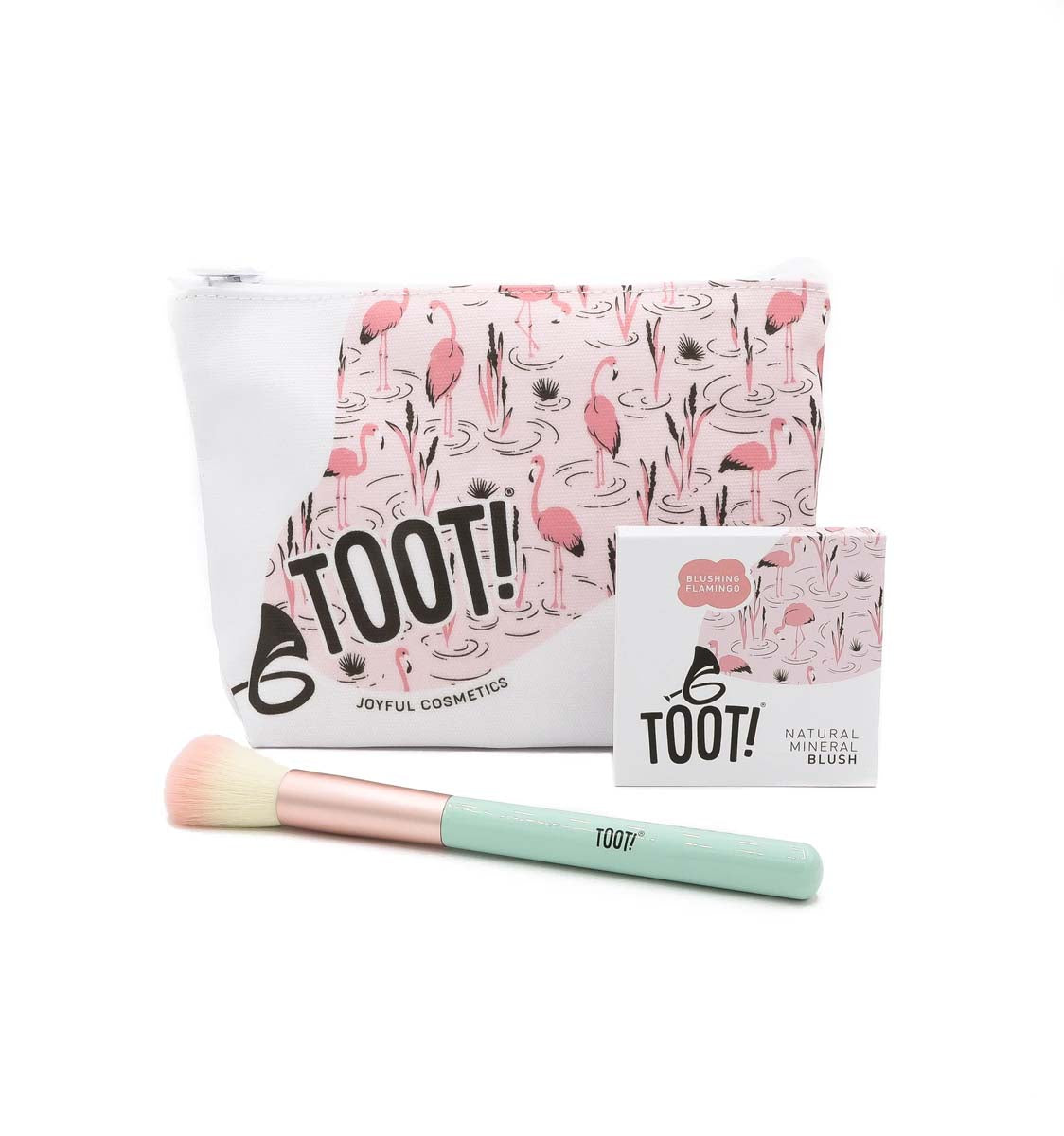 Het perfecte cadeau voor echte make-up liefhebbers: de blushing flamingo cadeauset van Toot! De set bestaat uit een glanzende roze blush, een superzachte kwast in mintgroen en een handig kleurrijk make-up tasje. VanZus