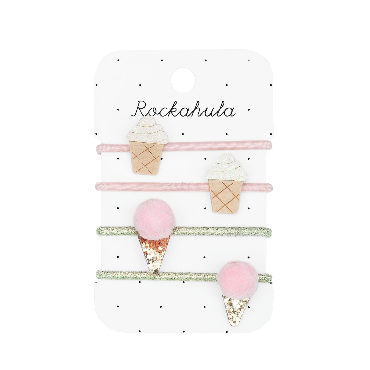 Rockahula staat bekend om de leukste haaraccessoires, tasjes, sieraden en meer voor kinderen. Met de ice cream elastiekjes laat Rockahula meteen zien waarom dit merk zo populair is! Deze set bestaat uit 4 elastieken: 2 elastiekjes met een ijsje met bolletje erop en 2 elastiekjes met een softijsje erop. 