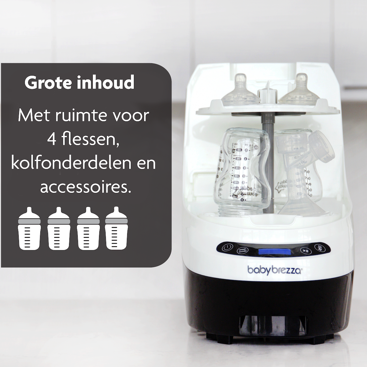 Ontdek de Baby Brezza bottle washer pro sterilisator, de ultieme oplossing voor het reinigen van babyflesjes. Deze flessenwasser wast, steriliseert en droogt elk onderdeel van de fles, inclusief de moeilijk bereikbare plekken, met behulp van 20 hogedrukstralen. VanZus