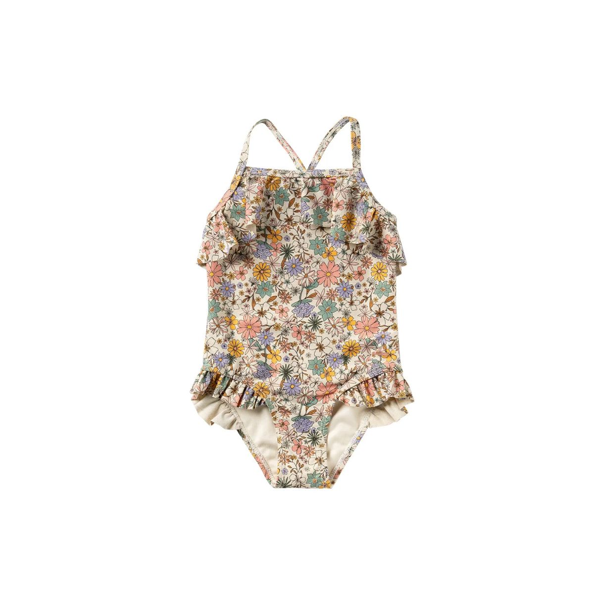 Het Salted Stories sparkly fleurs badpak heeft een mooie print van gekleurde bloemetjes en een glitterstof. Daarnaast heeft het badpak dunne, verstelbare bandjes die kruisen aan de achterkant en ruches aan de boven- en onderkant. VanZus