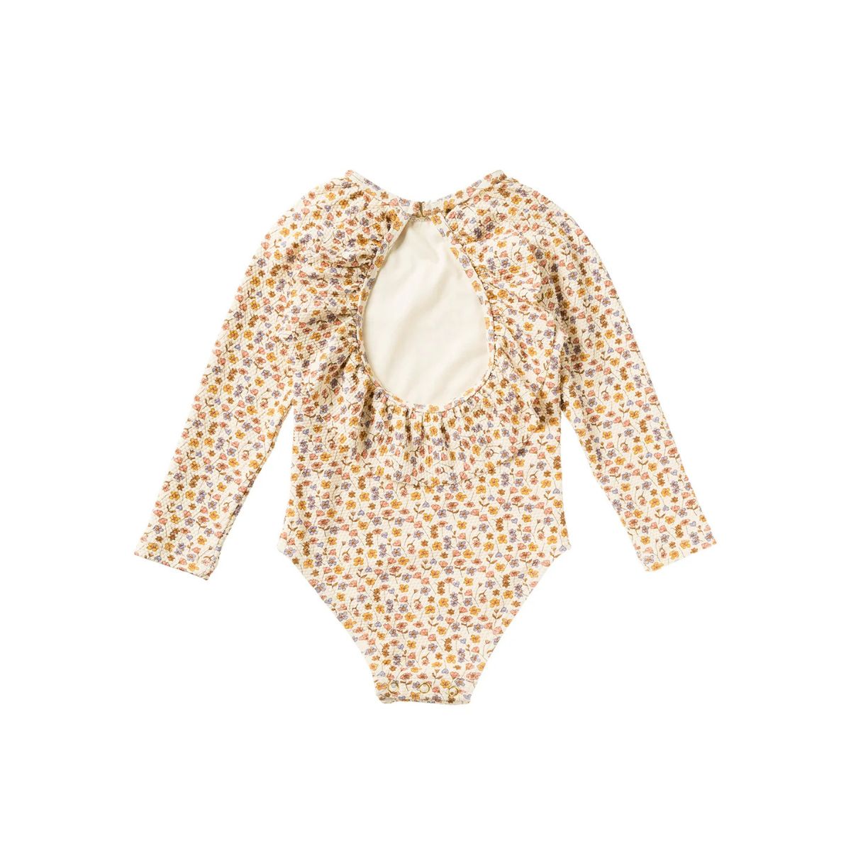 Het Salted Stories flower bud badpak met lange mouwen in shortbread heeft een mooie print van gekleurde bloemen. Het badpak beschermt tegen zon en zout water. VanZus
