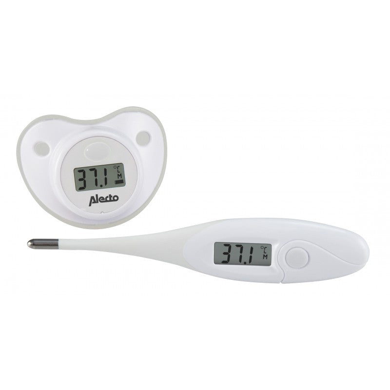 De thermometer set tweedelig BC04 van het merk Alecto is een baby thermometer die bestaat uit een traditionele thermometer met een flexibele tip en een thermometer in fopspeenvorm voor de allerkleinsten.