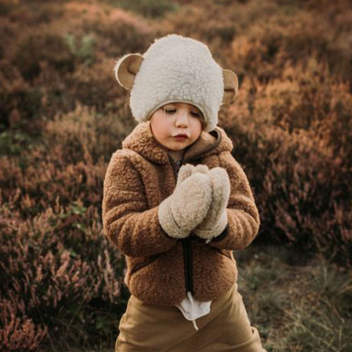 Alwero Gully Moufles bébé laine polaire moumoute avec lien - Moufles en  laine beige