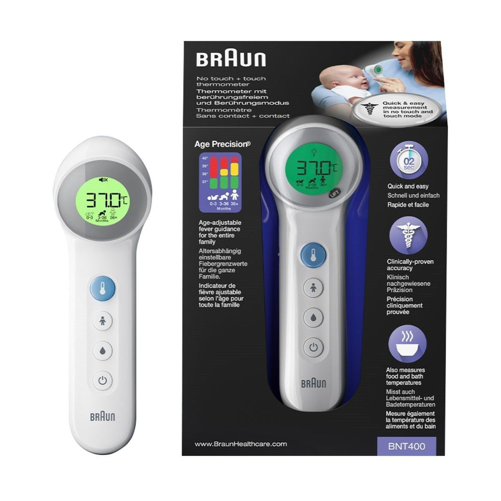 Meet de temperatuur van jouw kindje nauwkeurig en snel met deze voorhoofdsthermometer BTN400 van Braun. Ook geschikt voor het meten van de temperatuur van badwater of eten. VanZus