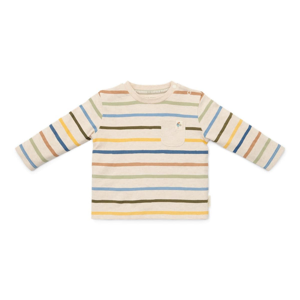 Ga lekker op avontuur in het gestreepte t-shirt met lange mouw in de variant stripe van Little Dutch. De vrolijke kleuren en strepen van deze longsleeve maken het een heerlijk draagbaar shirt. VGemaakt van zacht off-white biologisch katoen, met strepen in aardetinten. Het borstzakje voegt een speels detail toe.  VanZus