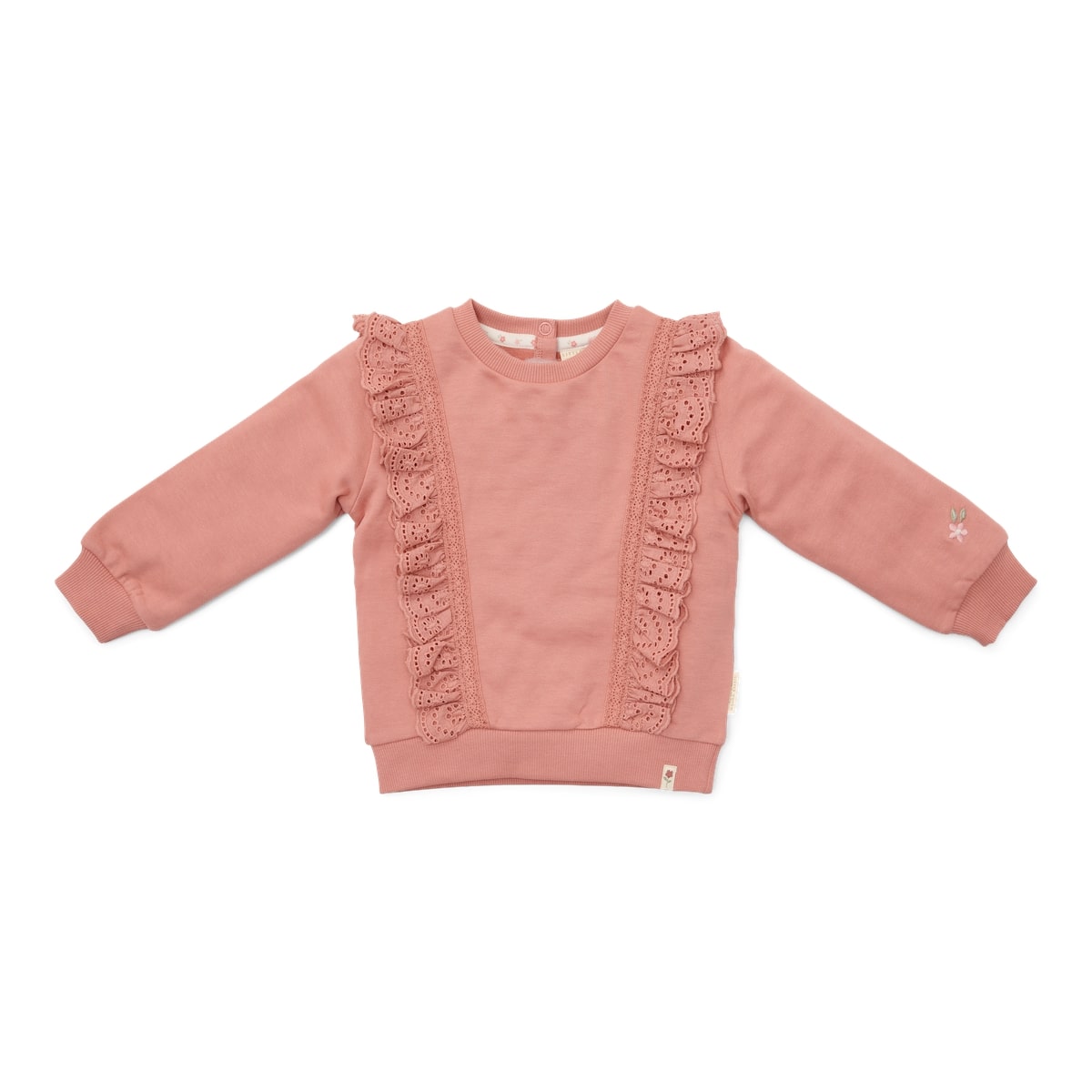 Deze schattige sweater in warm pink van Little Dutch is een heerlijk zacht voor je kleine meisje! Gemaakt van biologisch katoen met extra zachtheid aan de binnenkant. De ruches met geborduurde bloemetjes langs beide zijden van de trui en een bloemborduursel op één van de mouwen voegt een leuk detail toe.  VanZus