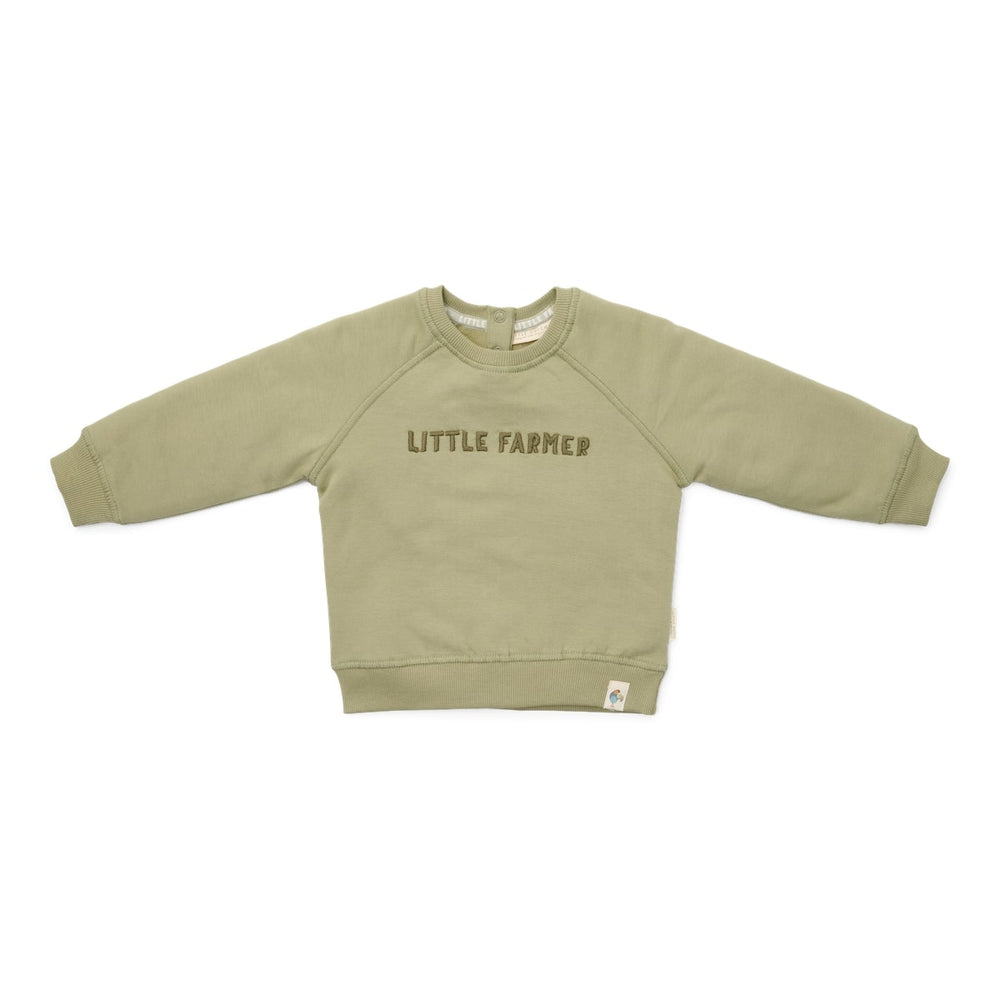 Deze sweater van Little Dutch in de kleur green (groen) heeft vrolijke, geborduurde letters met de tekst "Little Farmer" op de voorzijde. Heerlijk zacht door het zachte biologisch katoen en daardoor is het sweatshirt heel comfortabel. VanZus