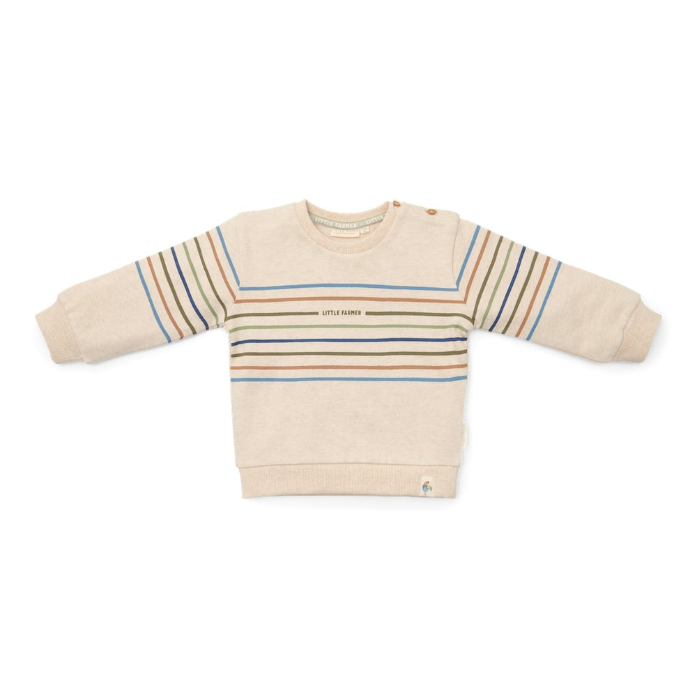 Deze sweater in een gemêleerde kleur (sand) van Little Dutch zal je kleintje geweldig staan! Heerlijk warm en superzacht doordat deze trui gemaakt is van biologisch katoen met een extra zachte binnenkant. Hierdoor is deze sweater heel comfortabel.  De trui heeft strepen in aardetinten en een tekst op de voorzijde. 