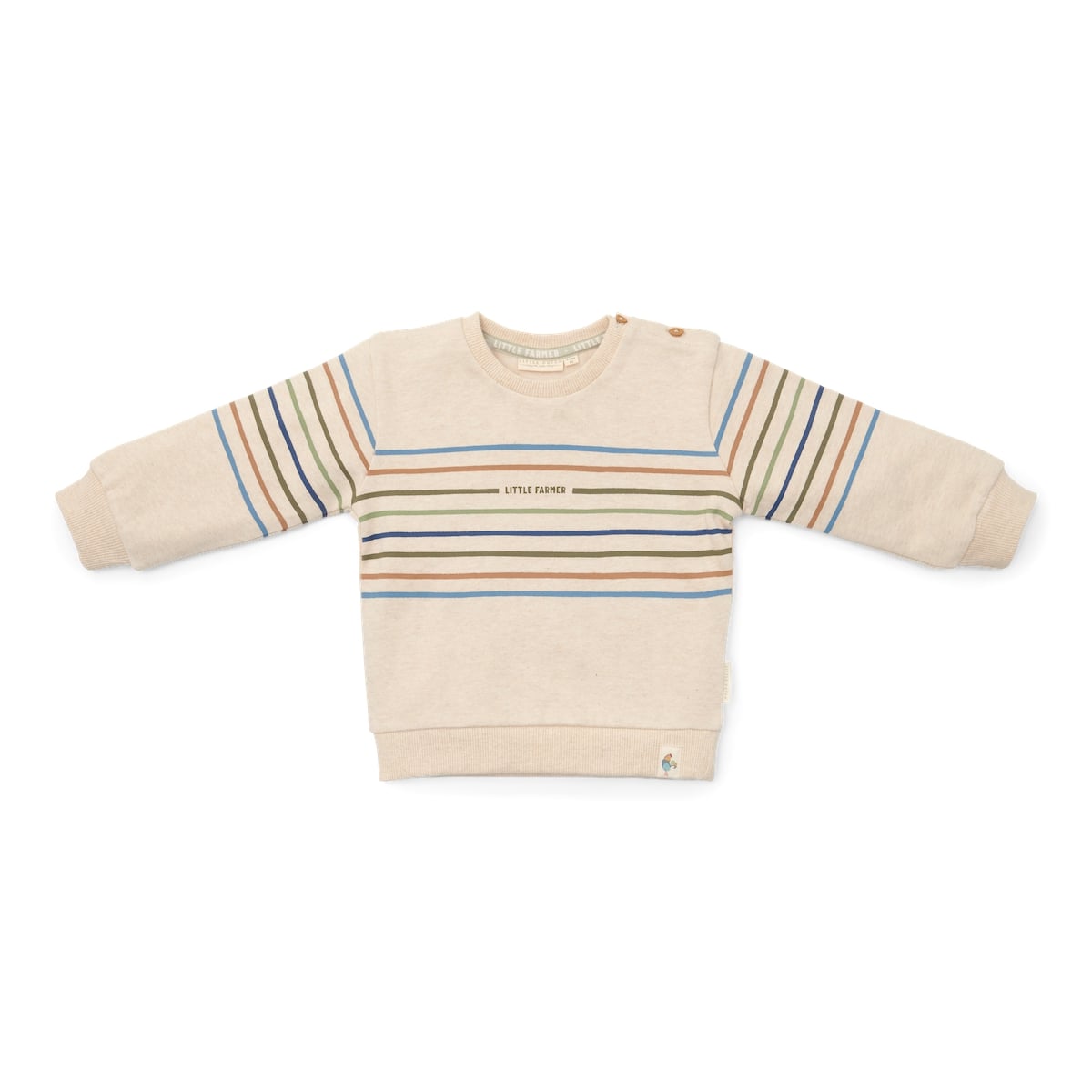 Deze sweater in een gemêleerde kleur (sand) van Little Dutch zal je kleintje geweldig staan! Heerlijk warm en superzacht doordat deze trui gemaakt is van biologisch katoen met een extra zachte binnenkant. Hierdoor is deze sweater heel comfortabel.  De trui heeft strepen in aardetinten en een tekst op de voorzijde. 