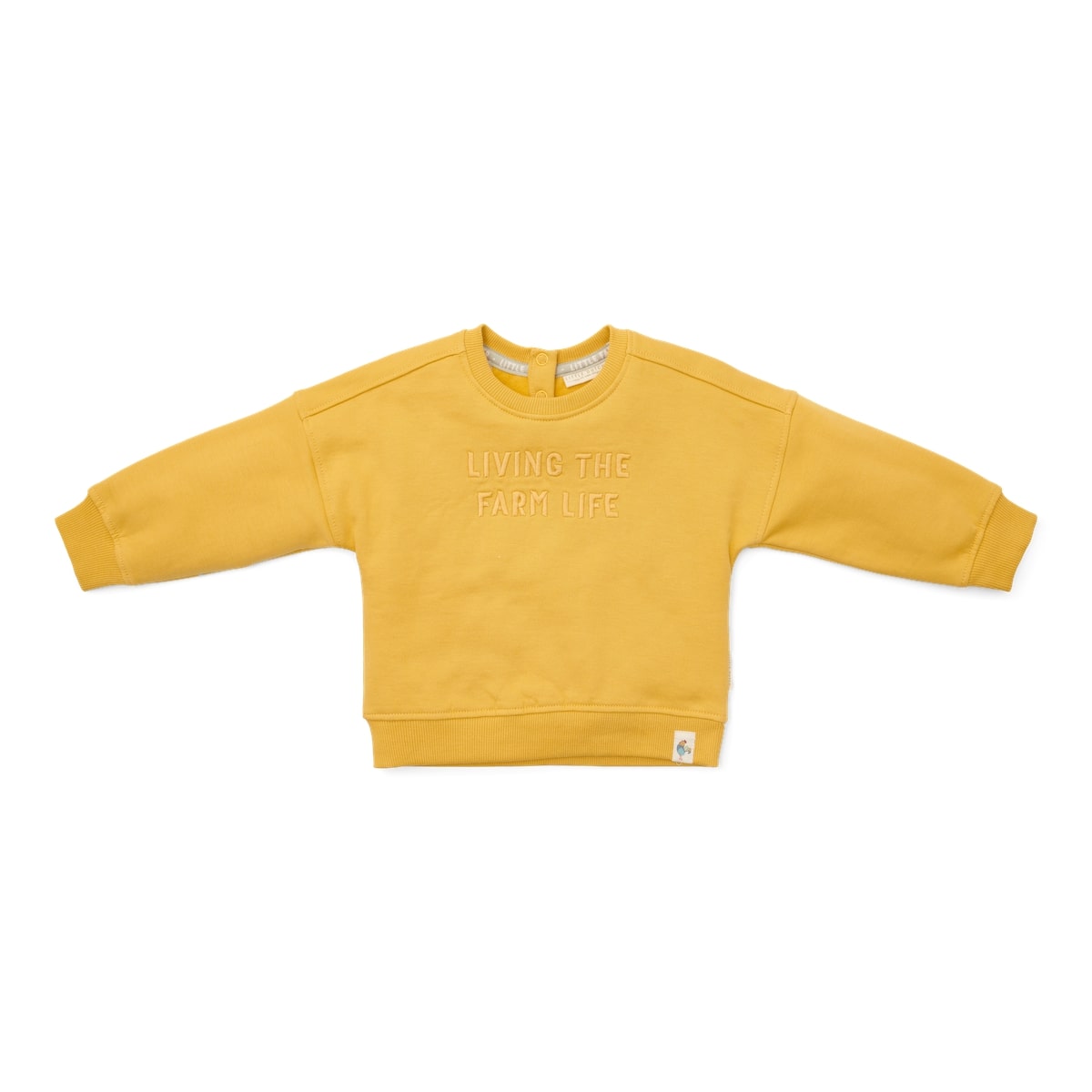 Deze sweater van Little Dutch in de kleur mustard yellow (geel) heeft vrolijke, geborduurde letters met de tekst "Living The Farm Life" op de voorzijde. Heerlijk zacht door het zachte biologisch katoen en daardoor is het sweatshirt heel comfortabel. VanZus