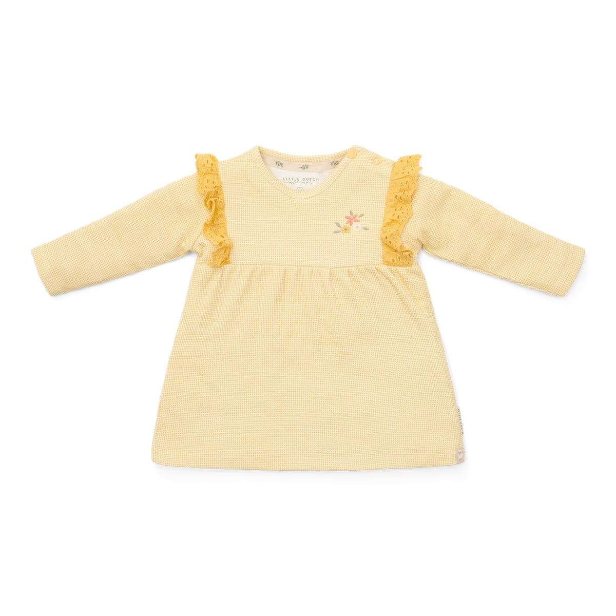 De Little Dutch flower jurk met lange mouw in de kleur warm yellow check is een prachtige jurk voor je kleintje. De jurk is gemaakt van een zachte stof en heeft een schattige gele kleur, wat zorgt voor frisse en leuke uitstraling. VanZus