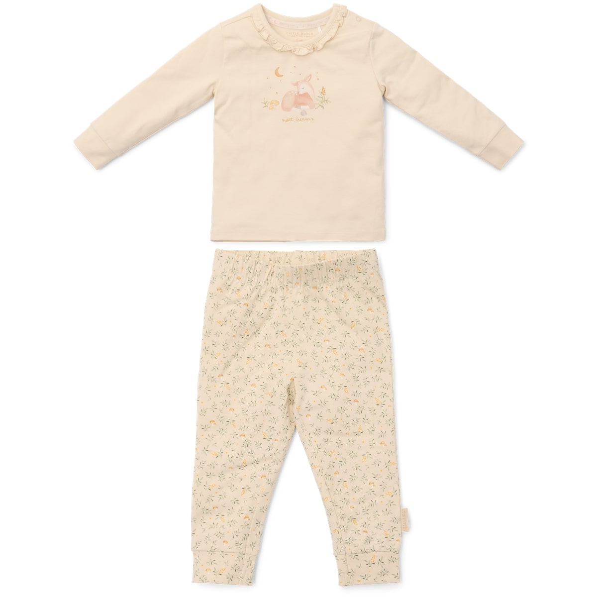 Ga naar dromenland en droom de mooiste dromen in deze tweedelige pyjama fairy leaves van Little Dutch.  De pyjama bestaat uit een pyjamabroek en een pyjamashirt. De broek heeft een ptint en het shirt heeft een hele schattige print met een hertje. VanZus