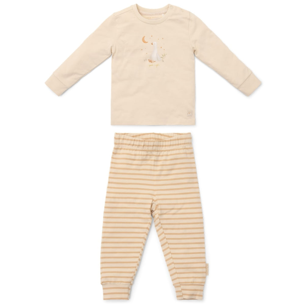 Ga naar dromenland en droom de mooiste dromen in deze tweedelige pyjama natural stripe van Little Dutch.  De pyjama bestaat uit een pyjamabroek en een pyjamashirt. De broek is gestreept en het shirt in een neutrale kleur heeft een hele schattige print met een gans, maan en sterretjes. VanZus