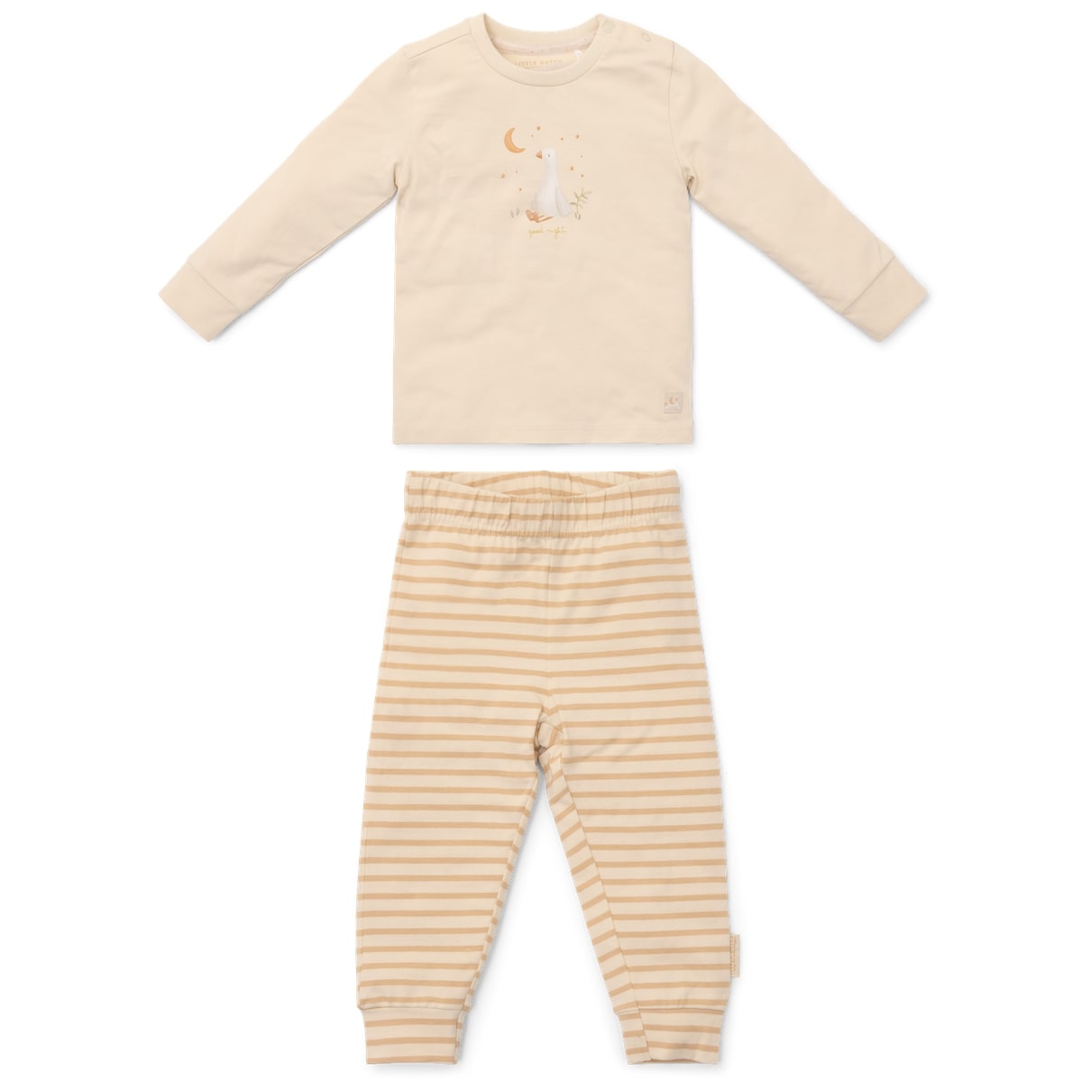 Ga naar dromenland en droom de mooiste dromen in deze tweedelige pyjama natural stripe van Little Dutch.  De pyjama bestaat uit een pyjamabroek en een pyjamashirt. De broek is gestreept en het shirt in een neutrale kleur heeft een hele schattige print met een gans, maan en sterretjes. VanZus