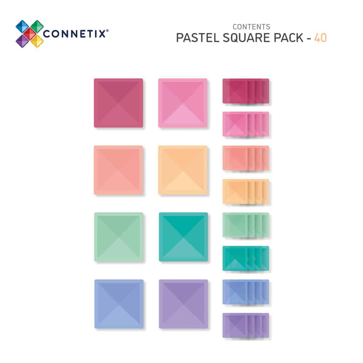 Breid je Connetix collectie uit met deze pastel square pack 40 stuks. Deze set bevat zowel grote als standaard vierkanten in elke pastelkleur, waarmee je kindje extra coole bouwwerken kan maken. VanZus