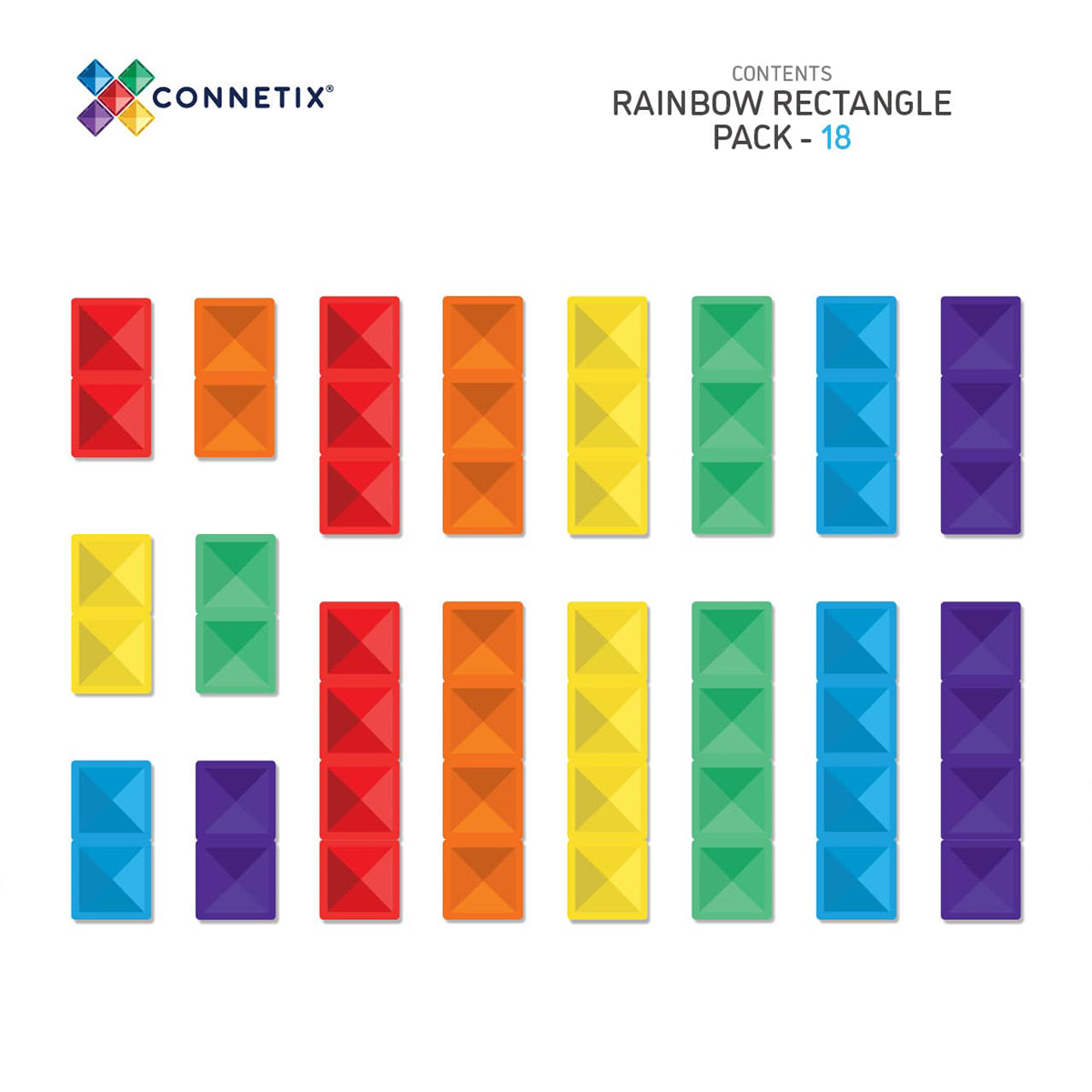 Vergroot het speelplezier van je kleintje met deze mooie glinsterende Connetix rainbow rectangle pack 18 stuks! Met deze bouwset kan je kindje de mooiste bouwwerken maken. De tegels hebben allemaal een vrolijke kleur. VanZus