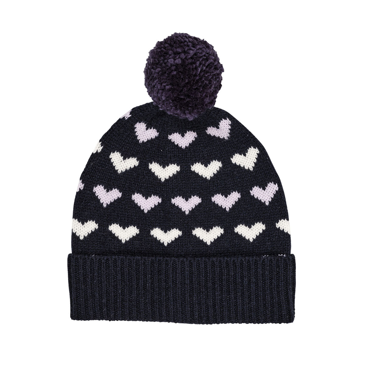 Een warm koppie en warme oortjes én er ook nog stylish uitzien? Dat komt helemaal goed met deze kasjmier beanie muts hearts & pompom in de kleur navy/lavender van het merk Copenhagen Colors.  Deze mooie muts heeft een donkerblauwe kleur en is voorzien van een schattige hartjes print. VanZus