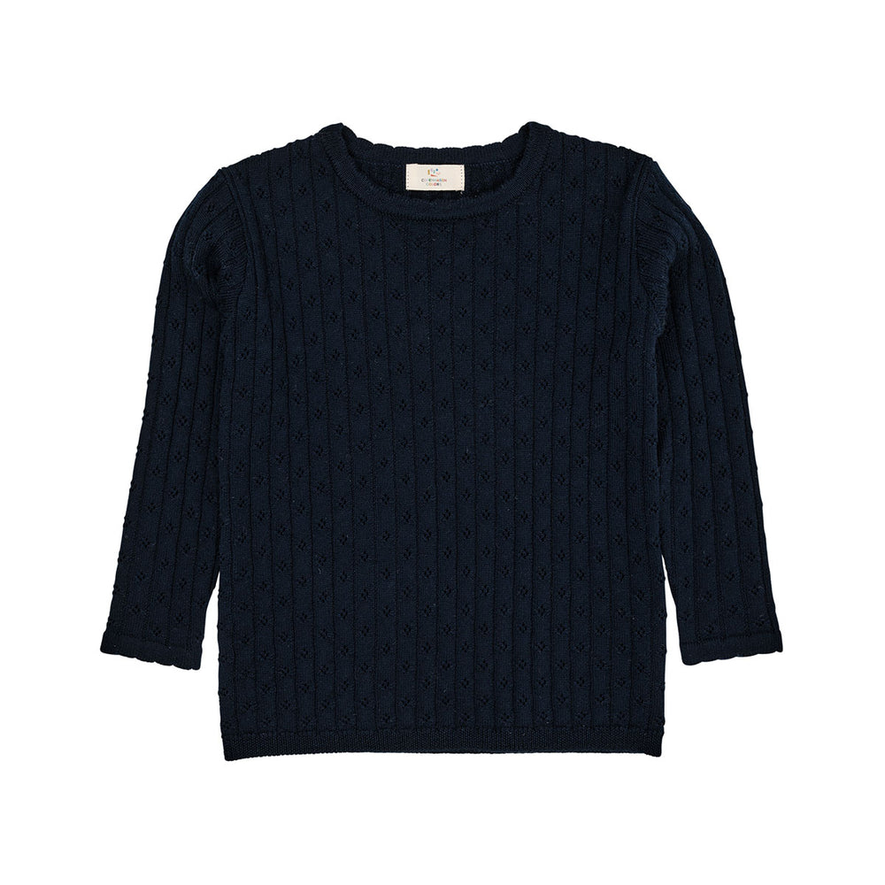 Het is altijd fijn om een mooi blousje is huis te hebben dat je zowel uit de kast kan trekken voor alledaagse outfits, als voor feestelijke gelegenheden. Dit merino classic pointelle truitje in de kleur navy van het merk Copenhagen Colors is een prachtige basic met eyecatching details. VanZus