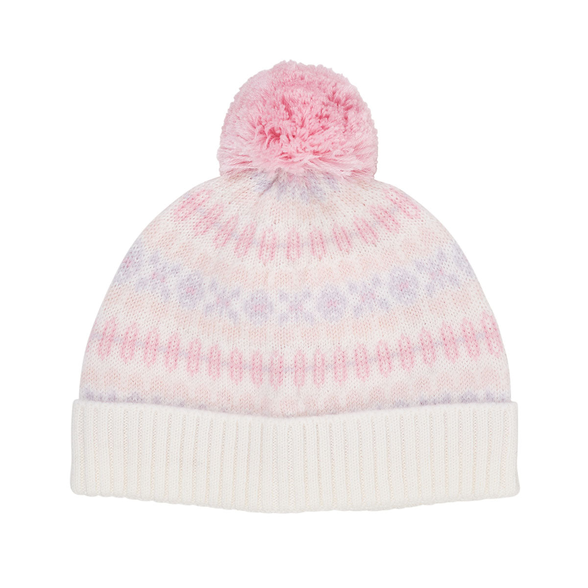 Een warm koppie en warme oortjes én er ook nog stylish uitzien? Dat komt helemaal goed met deze merino pattern beanie muts pompom in de kleur lavender van het merk Copenhagen Colors.  Deze muts heeft een mooie witte kleur en is voorzien van een winterse print in het lichtpaars en roze. VanZus