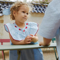 De Copenhagen Colors seersucker jurk heart in de kleur sky blue cream stripe berry is een super zoet jurkje, perfect voor de zomer. Wat dit jurkje zo bijzonder maakt is de prachtige grote kraag. VanZus.