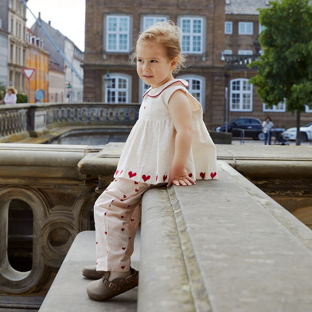 De Copenhagen Colors twill heart broek in de kleur dusty rose berry hearts is een super leuke broek voor alle kindjes die dol zijn op hartjes. De broek draagt heel fijn want hij is gemaakt van biologisch katoen. VanZus.