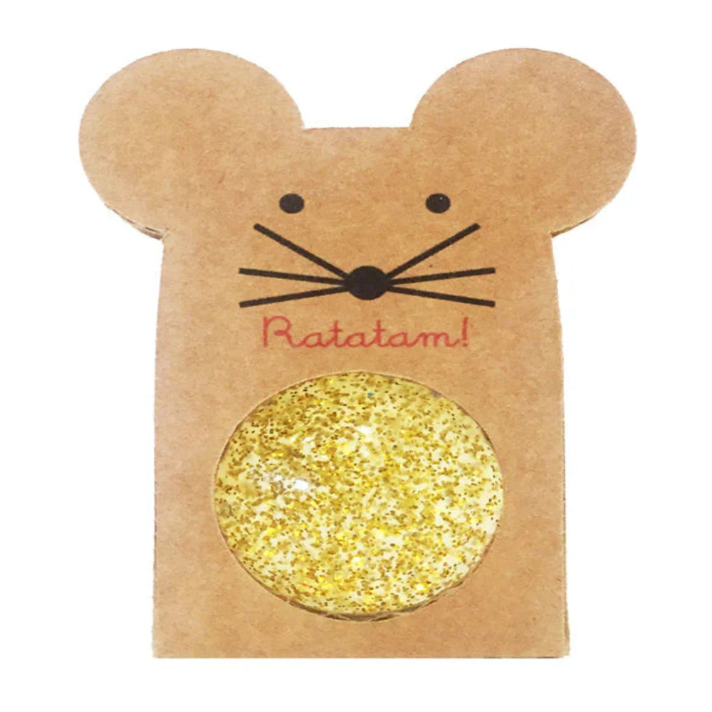 De glitter mouse bouncy stuiterbal in gold van het Franse merk Ratatam biedt veel stuiter speelplezier. Met mooie opvallende goudkleurige glitters. Afmeting 4,3 cm, kleur goud. VanZus