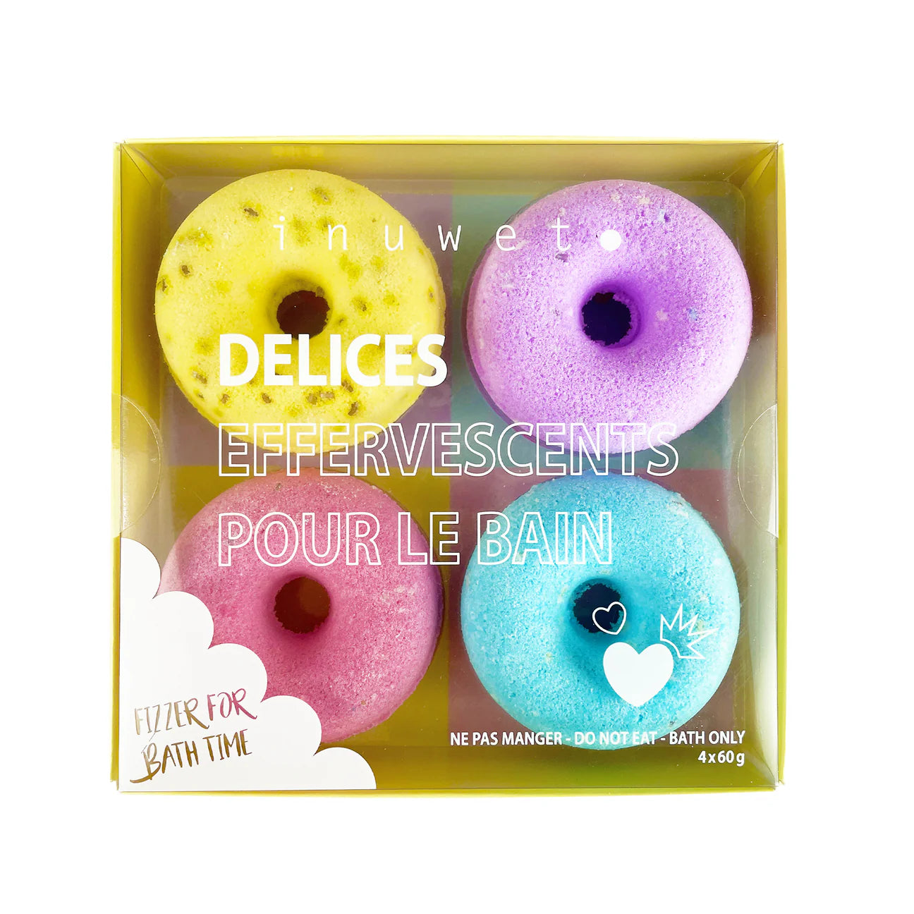 Verwen jezelf met de Inuwet coffret donuts badbruisbal: vier kleurrijke donuts die bruisen en je bad vullen met heerlijke geuren. Vegan en dierproefvrij. Perfect cadeau voor een luxe badmoment! VanZus